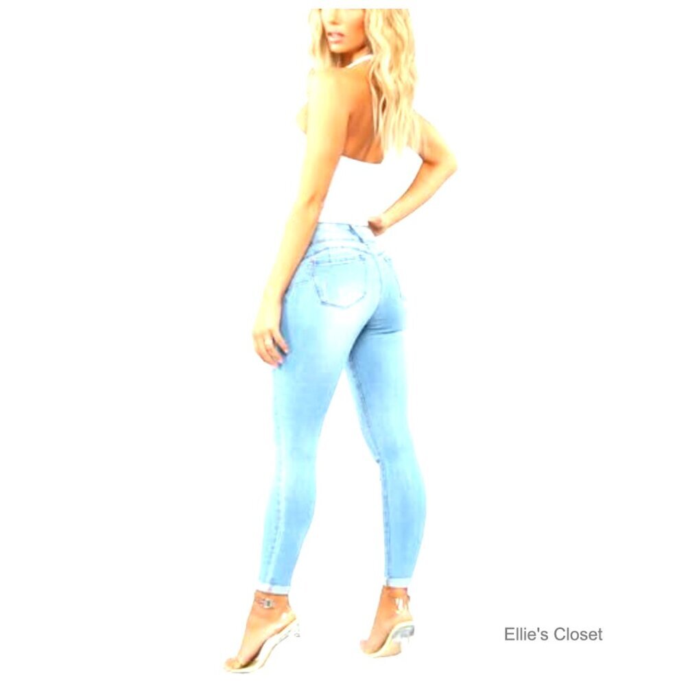Skinny Ripped Distressed Jeans Stretchy Denim Pants Mid Waisted - Picture 6 of 6
